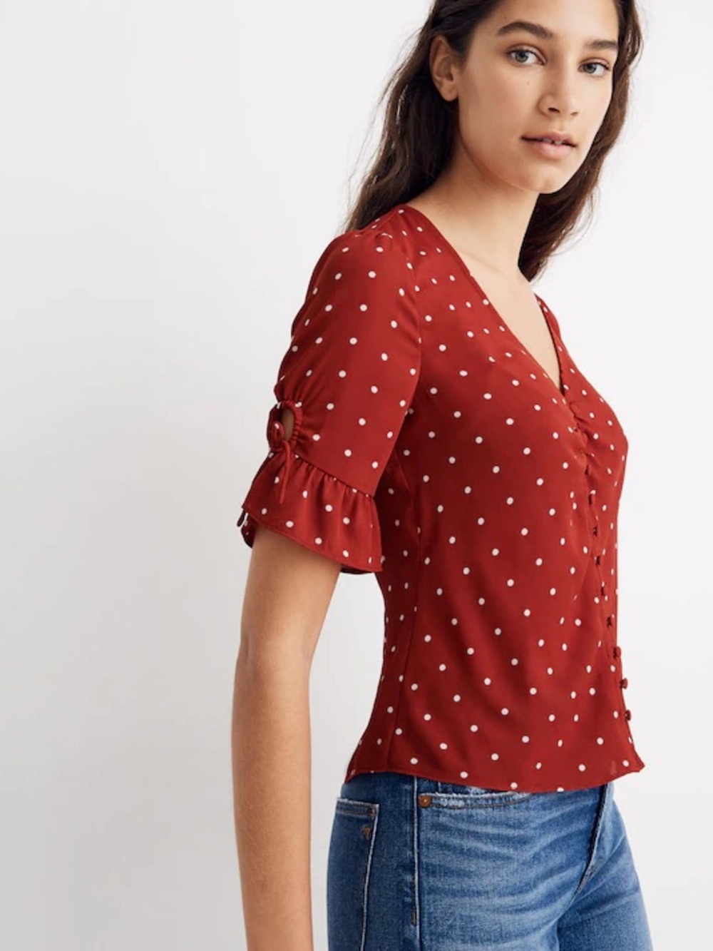 Madewell Polka Dot Tie Ruffle Sleeve V-Neck Top - Red